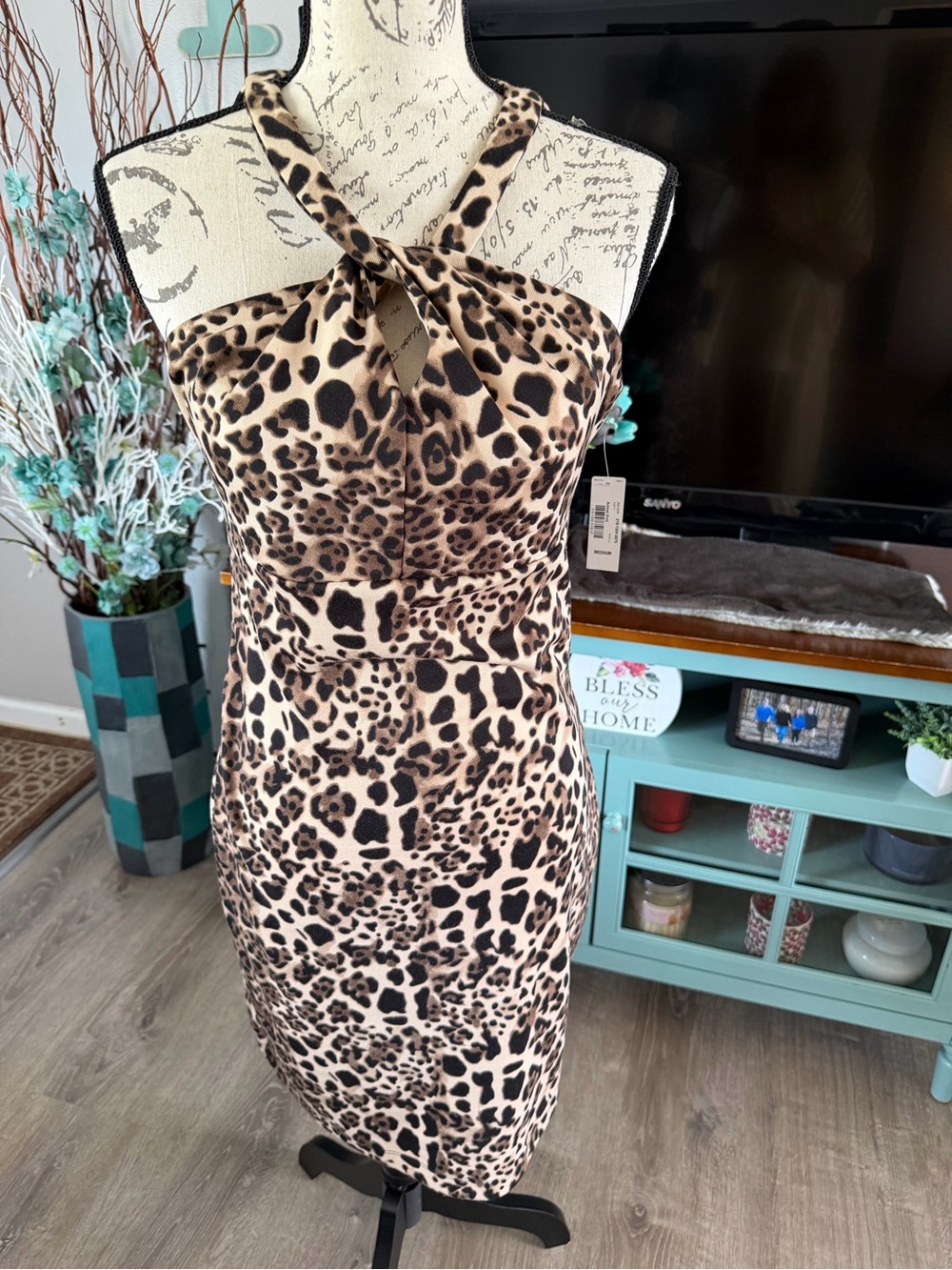 Allen B. By Allen Schwartz Leopard Print Halter Midi Dress - Beige/Black Size M